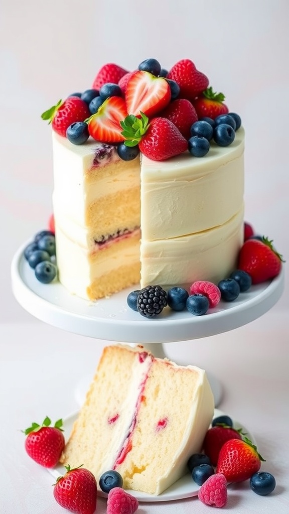 A fluffy chiffon cake topped with assorted fresh berries on a cake stand, with a slice cut out to show the airy texture.
